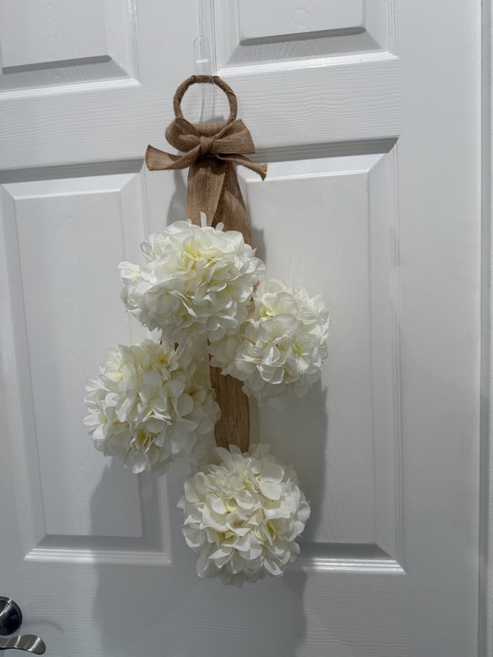 White Floral Pom-Pom Hanging Door Accent with Burlap Ribbon